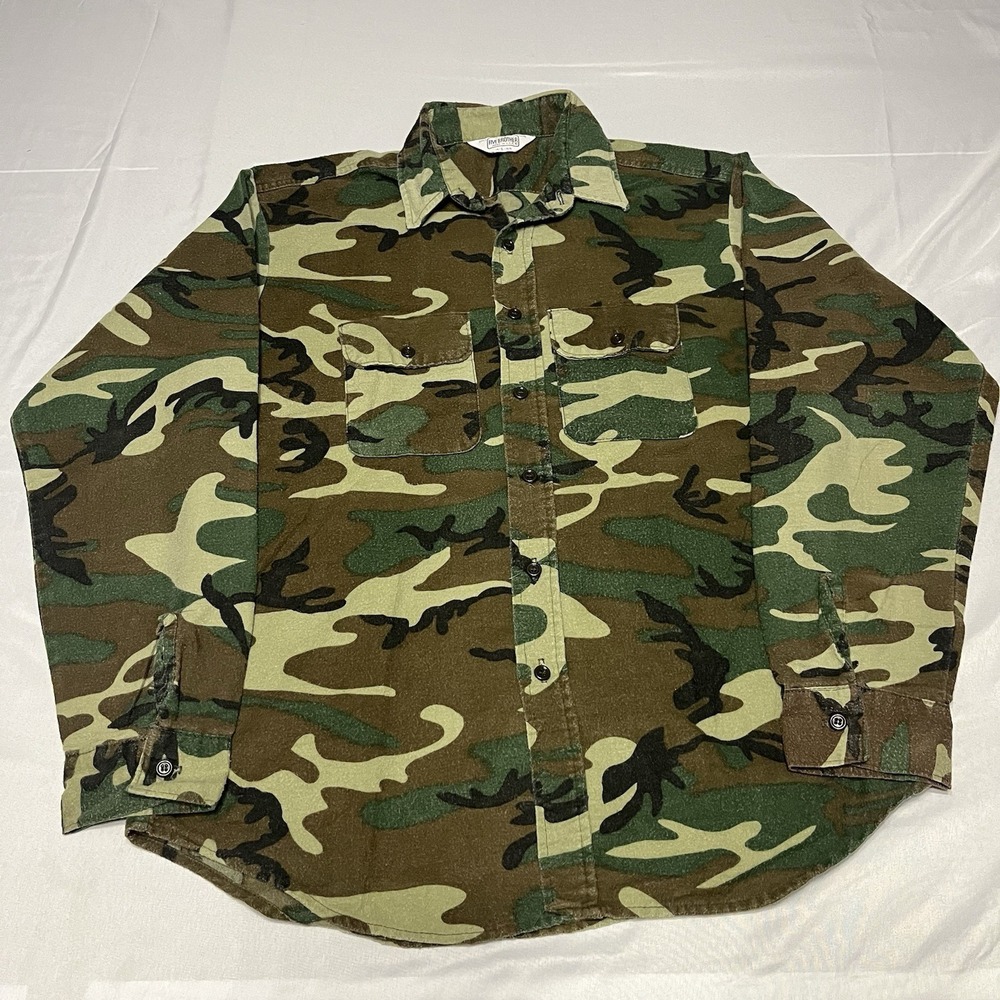 Vintage Five Brother Flannel Shirt Mens L Woodland Camo Hunter LS USA 80s